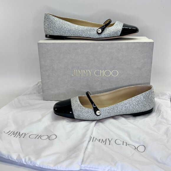 Jimmy Choo Elisa Silver GLitter Black Patent Leather Flats Slip-On Size 38 - Picture 1 of 16